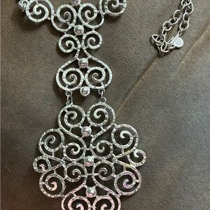 Vintage Caroline Emmons filagree scroll statement necklace silvertone